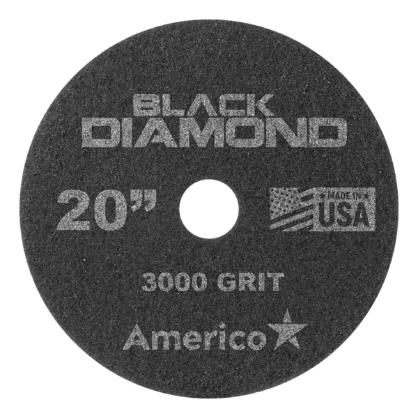 Americo's Black Diamond 3000 grit diamond pad is ideal for daily cleaning and maintenance, and high gloss polishing of polished concrete and natural stone floors.