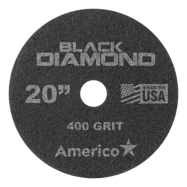 Americo's Black Diamond 400 grit diamond pad is ideal for heavy duty cleaning and light honing of polished concrete and natural stone floors.